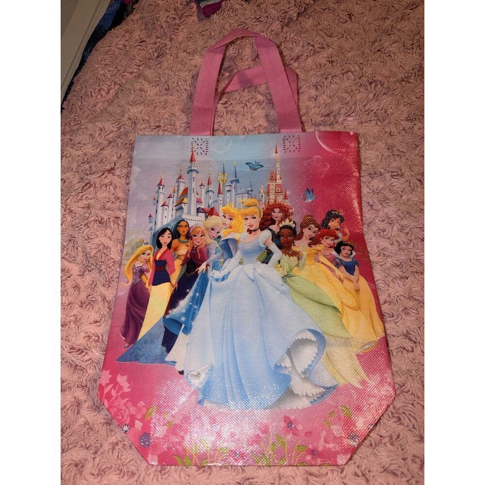 Disney Princess Reusable Tote Bag Sack Color Pink Blue Castle Full Group